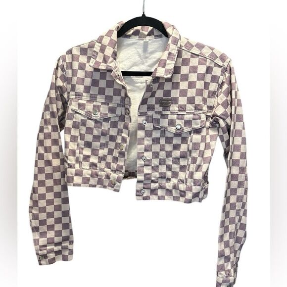 EUC Women’s Checkered Purple Cream Button Up Crop Denim Jacket- Size Small - Picture 1 of 8